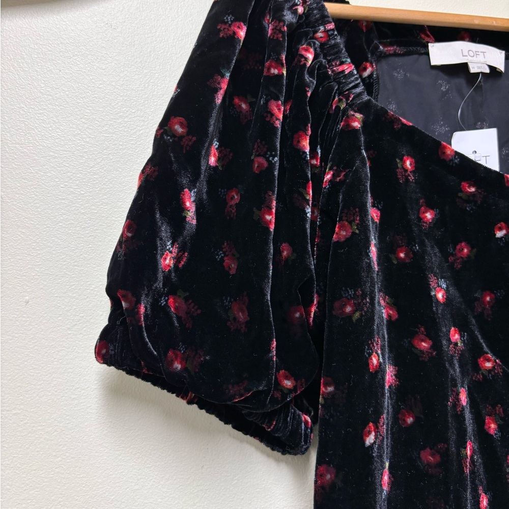 NWT LOFT Floral Black Velvet Puff Sleeve Blouse Size Medium - Picture 5 of 9